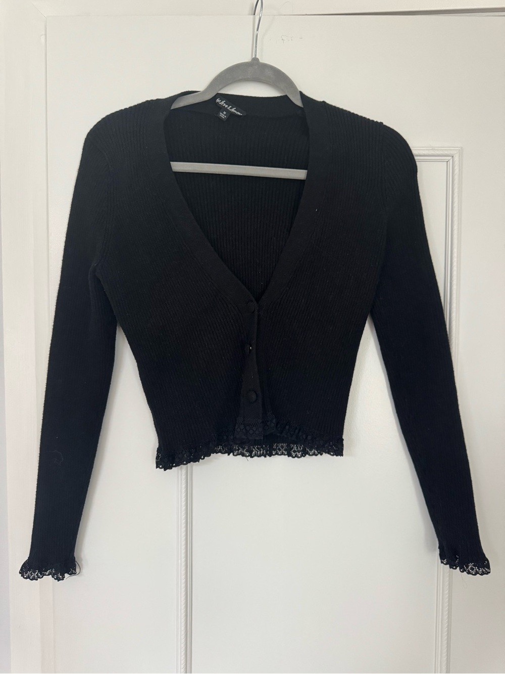 For Love & Lemons Black Lace-Trim Ribbed V-Neck Cardigan